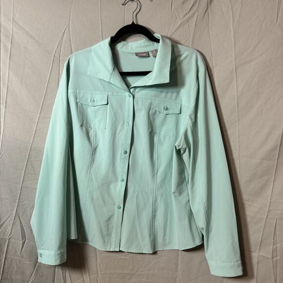 Chico's Tops - Chicos Blouse Womens 3 Light Teal Collared Button Up Long Sleeve Two Pocket Top